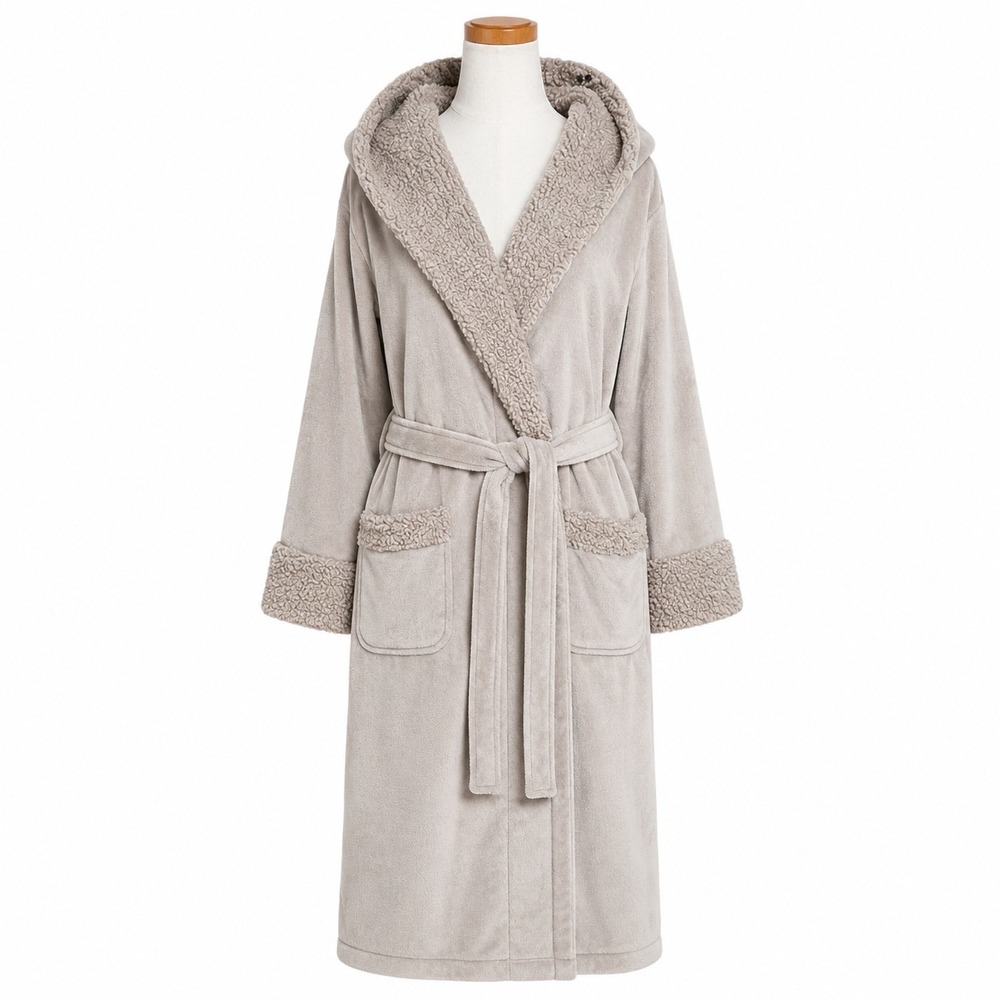 Pottery Barn Robe Women Large Gray Plush Faux Fur Trim Hooded Belted Long Fleece